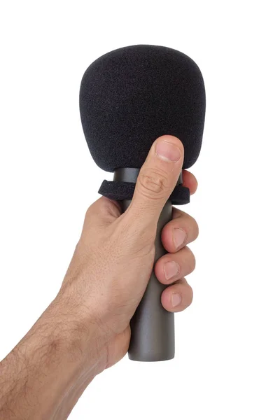 Mano sinistra con microfono isolato su sfondo bianco — Foto Stock