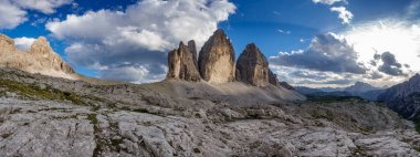 Tre Cime di Lavaredo rocks big panorama at sunset