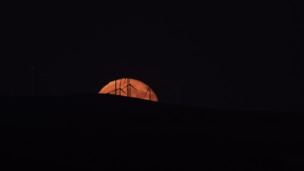 Full moon rising over moderne windmolens — Stockvideo