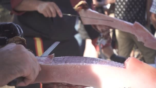 Professioneel snijden serrano ham been in slow motion — Stockvideo