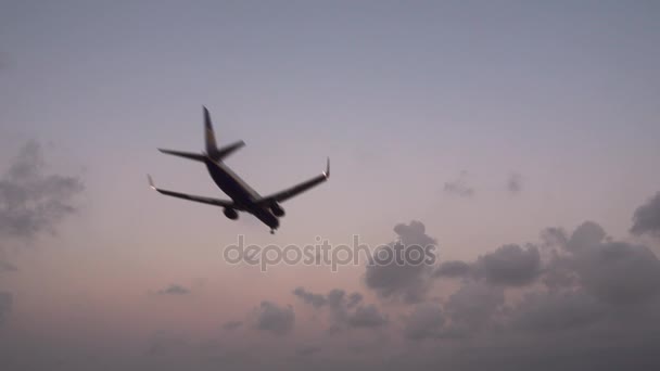 Jet aterrizaje al atardecer contra el cielo, visión trasera — Vídeos de Stock