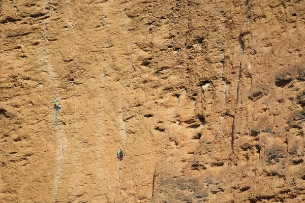Grupp av manliga klättrarna hängande av en klippa — Stockfoto