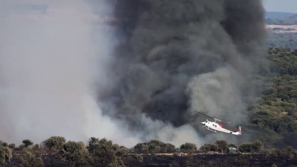 Helicóptero lanzando agua al fuego con humo enorme — Vídeo de stock