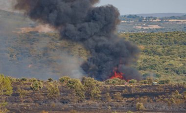 İnsanlar yürürken, insanlar ve alevler içinde belgili tanımlık geçmiş ile vahşi doğada ateş