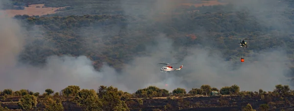 Hot summer Fire panorama with 2 helicopters working — Stock Photo, Image