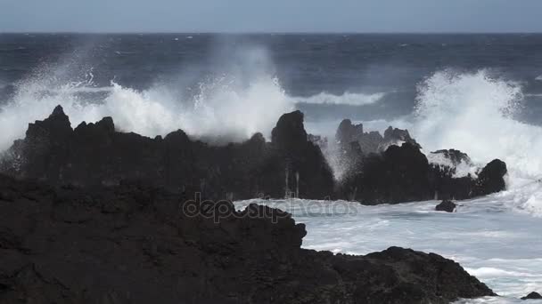 Vulkanische kust, golven breken super slow motion — Stockvideo