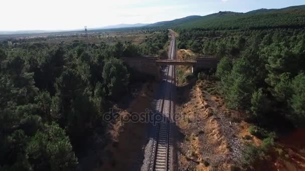 Montanha bicicleta ciclista ponte de travessia sobre linha — Vídeo de Stock