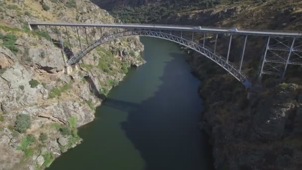 Vista aérea da ponte de ferro alta sobre o rio com turistas e carros — Vídeo de Stock