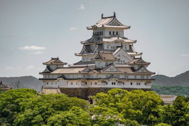 Himeji Kalesi profil ağaçların üzerinden beyaz Heron kale