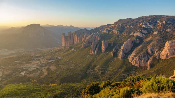Mallos of Riglos at dusk from top of the mountain — Stock Photo, Image