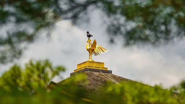 Crow bovenop gouden paviljoen tempel cockerel — Stockfoto