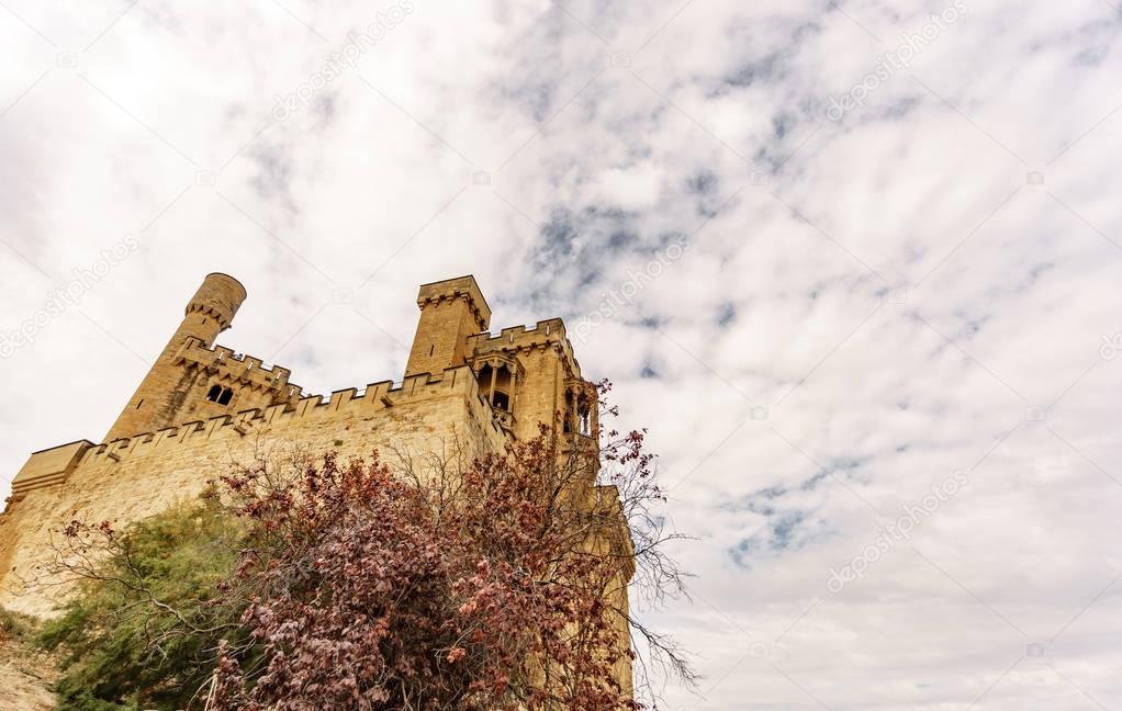 Castle of Olite and clouds bottom view in Navarre, Spain