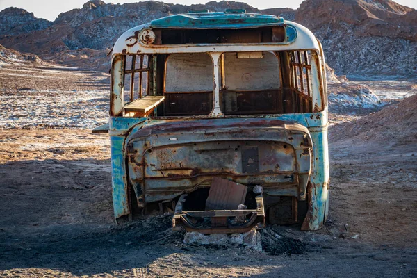 Abandoned bus in the desert of Atacama, front view