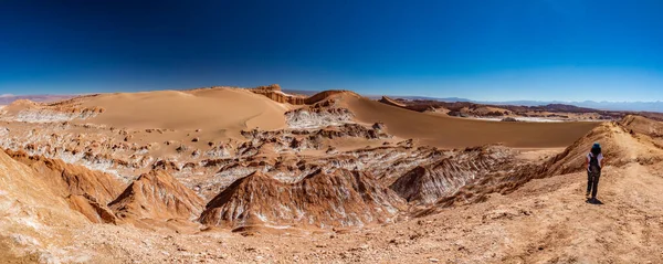 Gigapan z turystą i dużą wydmą w Atacama — Zdjęcie stockowe