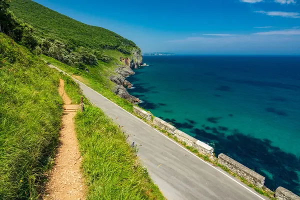 Dik kıyı şeridinde yürüyüş parkuru ve yol — Stok fotoğraf