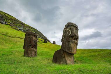 Yamaçtaki eğri moais 'lerin alt manzarası.