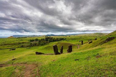 Top view of crooked moais in the hillside