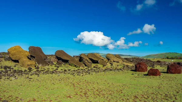 Many moai statues and pukao on the ground — Zdjęcie stockowe