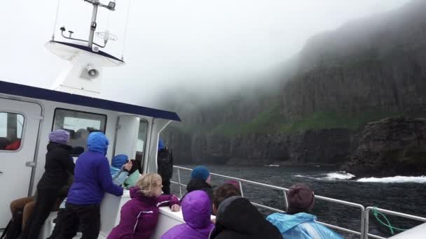 Los turistas no identificados disfrutan de una vista magnética de los acantilados de vestmanna bajo la niebla — Vídeo de stock