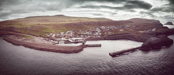 Skopun city wide vintage panorama in Faroe Islands — Stock Photo, Image