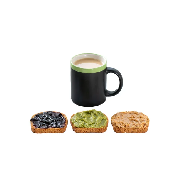 咖啡杯，有三种类型的烤面包 — 图库照片