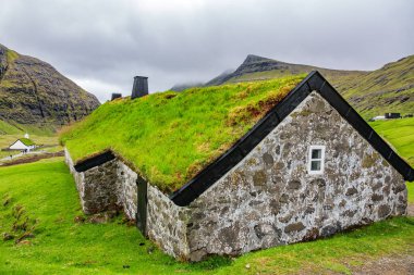 Faroe Adaları 'nın çatısında taş ve çimen olan evi.