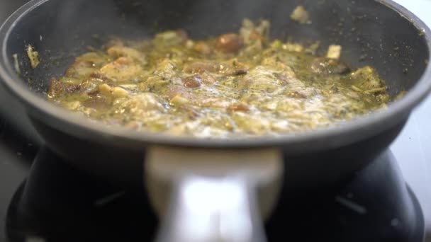 Preparando o molho de pesto com cogumelos na indução, loopable — Vídeo de Stock