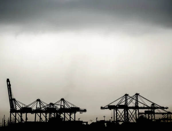 Port cranes silhouette under the storm