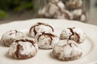 Beyaz bir plaka üzerinde çikolata snowcaps kurabiye