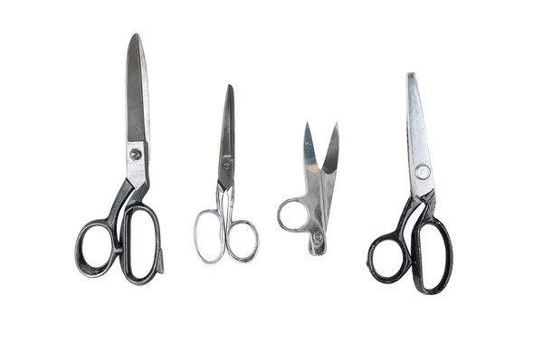 Path Saved Set Four Old Metal Sewing Scissors Isolated White — Stock Photo, Image