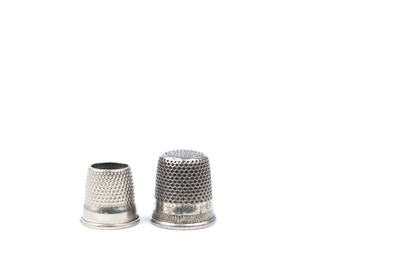 Two Metal Silver Sewing Thimbles White Background Sewing Accessories Tools — Stock Photo, Image