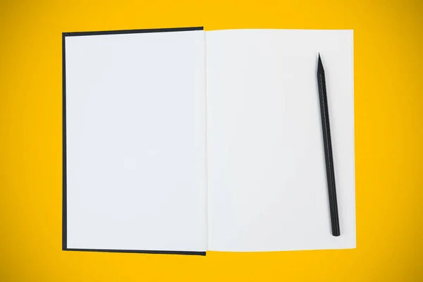 Open Hardcover Book Blank White Pages Black Wooden Pencil Yellow — Stock Photo, Image