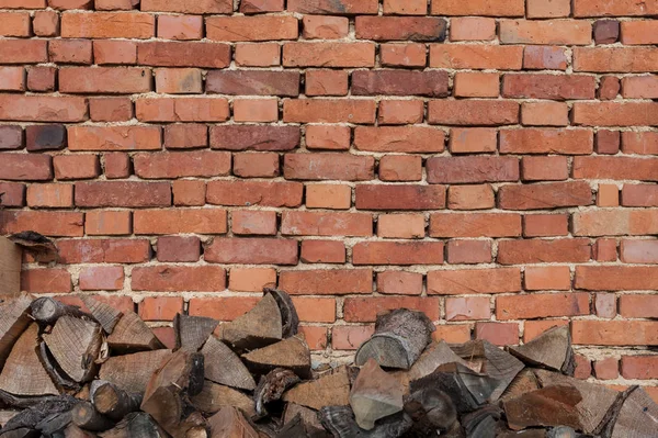 Background Old Vintage Brick Wall Pile Firewood Bottom — Stock Photo, Image