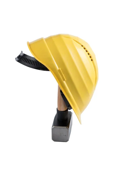 Yellow Safety Helmet Small Sledgehammer Wooden Handle Isolated White Background — Stock Photo, Image