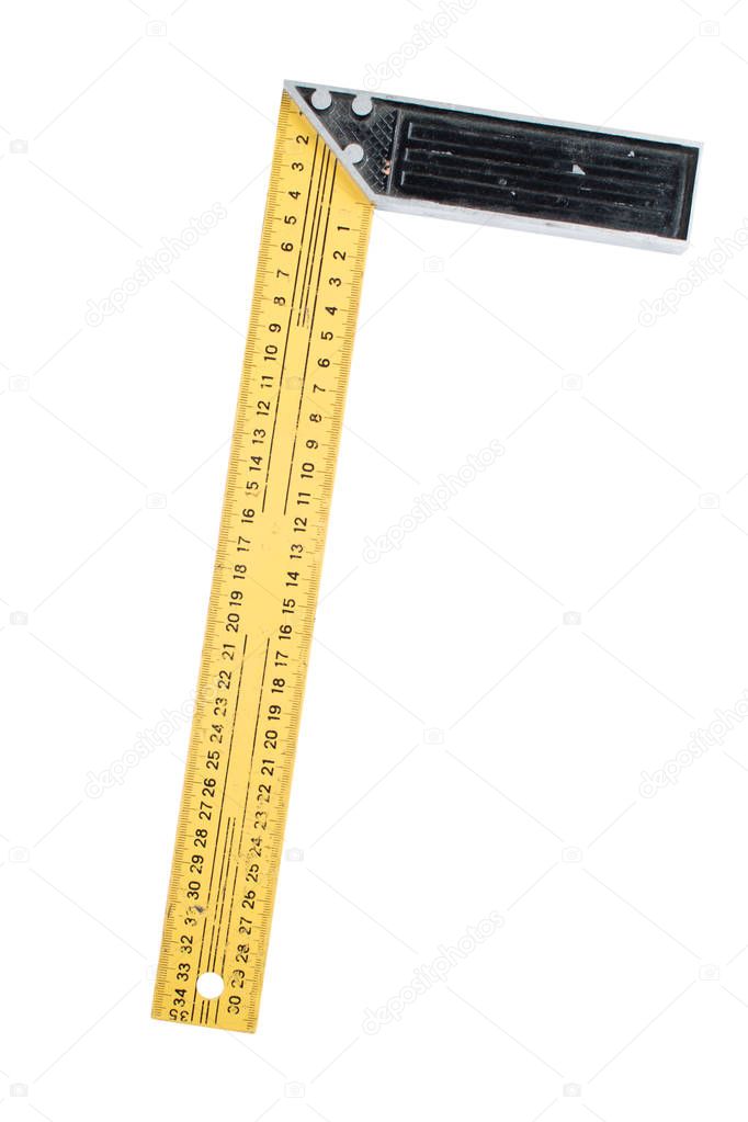 Used metal ruler with angle bar, set square, isolated on a white background. Path saved, cut out