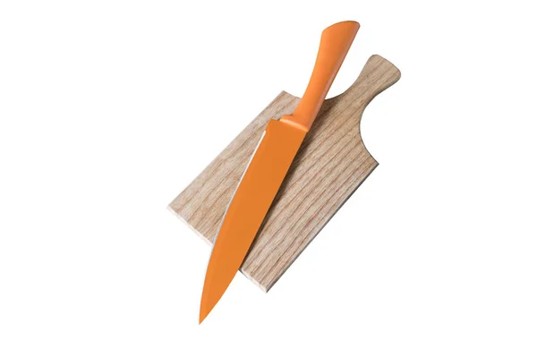 Большой Оранжевый Кухонный Нож Деревянной Доске Белом Фоне Путь Сохранен — стоковое фото