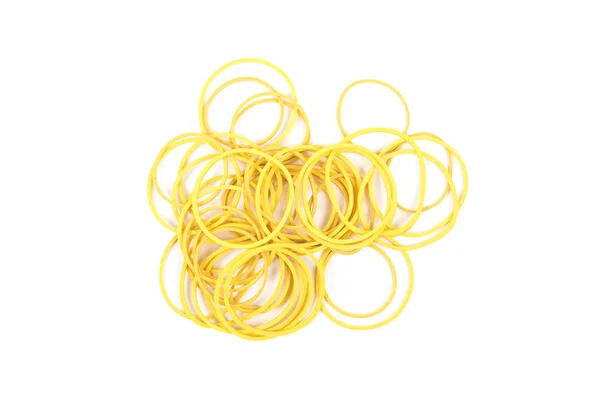 Stapel Gele Elastiekjes Geïsoleerd Een Witte Achtergrond Verpakkingen Accessoire Dunne — Stockfoto