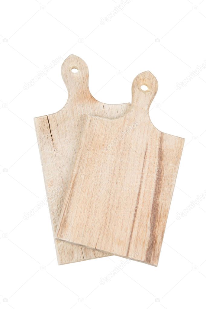Two used wooden cutting boards isolated on white background. Kitchen accessories and equipment. Path saved, clipping path