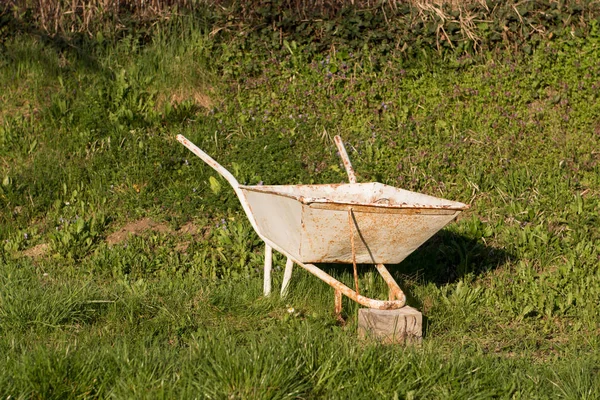 Old Vintage Wheelbarrow Green Grass Garden — Stock Photo, Image