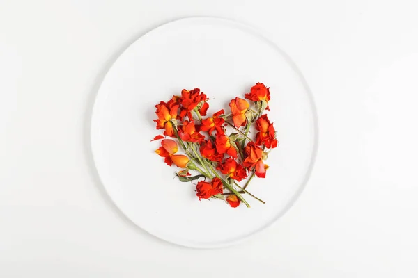 Imagen de corazón de brotes de flores secas de rosas rojas sobre un fondo blanco — Foto de Stock