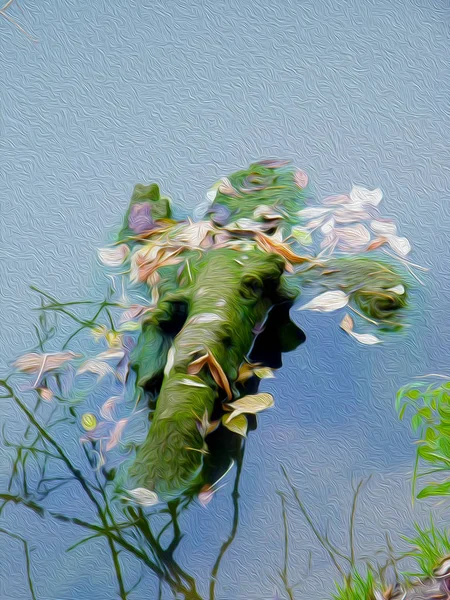 Düşen yapraklarla kaplı bir ağaç gövdesinin soyut bir çizimi, yağlı boya etkisi..