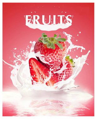 The collage is based on ripe fruits and berries, on a uniform background. Over the surface of a liquid, cream, with cream spray. Image can be used in design.