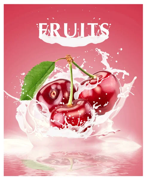 The collage is based on ripe fruits and berries, on a uniform background. Over the surface of a liquid, cream, with cream spray. Image can be used in design.