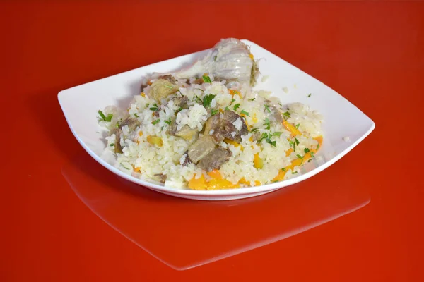 Foto Para Cafetería Muestra Comida Pilaf Con Carne Plato Sobre —  Fotos de Stock