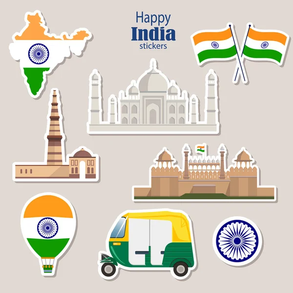 Resa klistermärken av Indien. Tuk-tuk, Taj Mahal, Qutab Minar, Röda fortet — Stock vektor