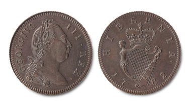 Copy of the Irish copper half penny coin of the reign of King of Great Britain and Ireland George III minted in 1782, against a white background. clipart