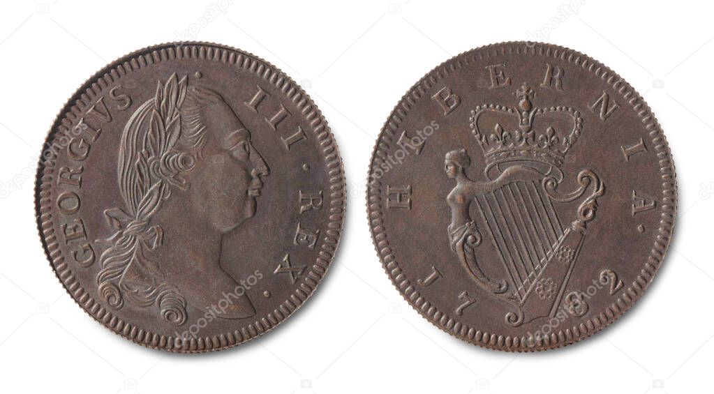 Copy of the Irish copper half penny coin of the reign of King of Great Britain and Ireland George III minted in 1782, against a white background.
