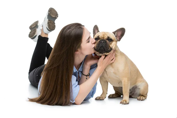 Beautiful girl with french bulldog — Stock Photo, Image