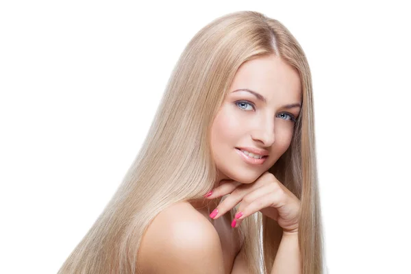 Mooi meisje met zijdeachtige blond haar — Stockfoto