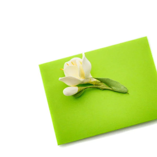 Close up van groene envelop met bloem — Stockfoto